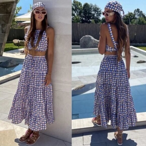 Zara Geometric Print Tiered Maxi Skirt Set Small Blogger Favorite Summer - Picture 1 of 11